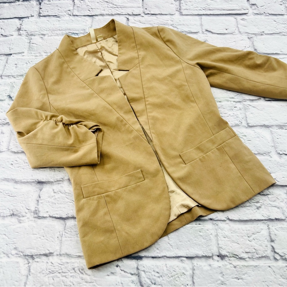 Frenchi Cropped Blazer Jacket Small Tan 3/4 Sleeve Open Front Business Casual